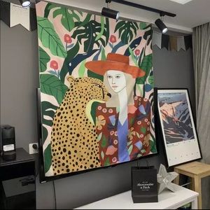 Girl with hat and tiger tapestry wall blanket art